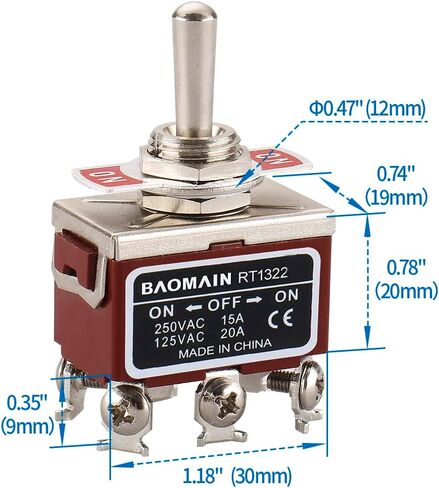 Baomain تبديل التبديل DPDT ON / OFF / ON 3 موقف AC 15A / 250V 20A / 125V 6 محطات المسمار RT1322 2 حزمة in Kuwait