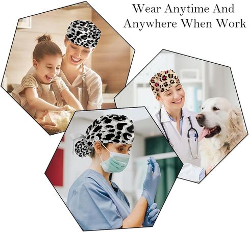 Unisex 2 Psc Scrub Cap with Buttons Sweatband Hats Surgical Caps for Women Men, Purple Pink Black Leopard Pattern in Saudi Arabia