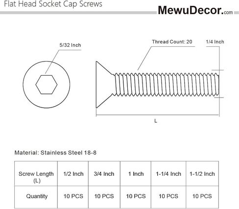 1/4-20 x 1/2", 5/8", 3/4", 7/8", 1" Flat Head Socket Cap Screws, Allen Socket Drive, Stainless Steel 18-8 (304), Bright Finish, Fully Threaded, 50 PCS in Saudi Arabia