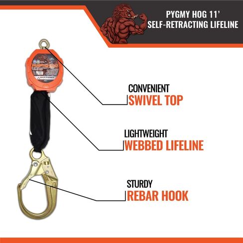 مالطا ديناميات بيغمي هوغ 11 بوصة شبكة ذاتية السحب، كابل يويو مع خطاف حديد التسليح، حبل أمان قابل للسحب للحماية من السقوط - متوافق مع OSHA/ANSI in Kuwait