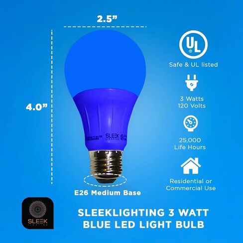 SLEEKLIGHTING لمبة إضاءة أرجوانية A19 LED، 120 فولت - مصابيح إضاءة خارجية 3 وات - قاعدة متوسطة - لمبة إضاءة LED أرجوانية مدرجة في قائمة UL - تدوم أكثر من 20000 ساعة 4pack in Kuwait