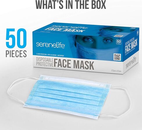 50 قطعة. أقنعة وجه للاستعمال مرة واحدة - أقنعة وجه قابلة للتنفس 3 طبقات، لتغطية الغبار، فلتر واقي للغبار، غطاء الفم السلامة PPE، درع الأنف، للبالغين - سيرين لايف SL3PLY50.5 in Kuwait