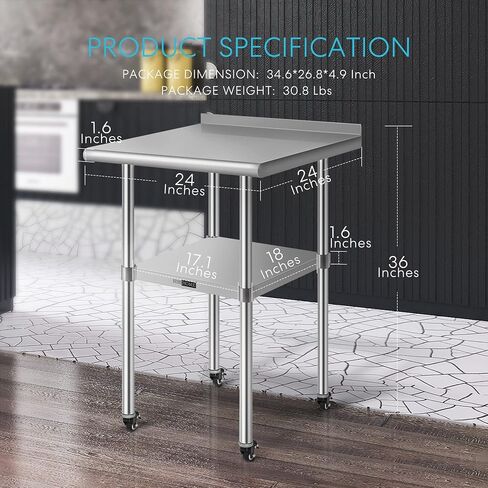 VIVOHOME 24 x 18 Inch Stainless Steel Work Table with Backsplash, Prep Commercial Table with Wheels for Restaurant, Hotel, Home and Warehouse in Saudi Arabia