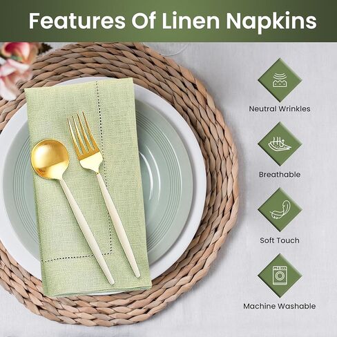 Set of 4 Sage Green Linen Napkins and 4 Napkin Rings, 100% Linen Material, Sage Napkins 20 x 20 Inch, Water Hyacinth Napkin Holders 1.9 x 1.9 Inch, Natural Napkin Rings. in Saudi Arabia