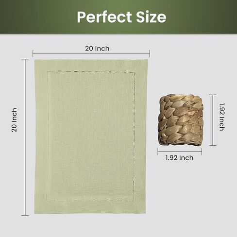 Set of 4 Sage Green Linen Napkins and 4 Napkin Rings, 100% Linen Material, Sage Napkins 20 x 20 Inch, Water Hyacinth Napkin Holders 1.9 x 1.9 Inch, Natural Napkin Rings. in Saudi Arabia
