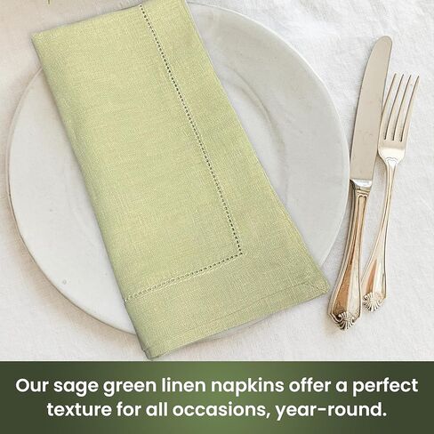 Set of 4 Sage Green Linen Napkins and 4 Napkin Rings, 100% Linen Material, Sage Napkins 20 x 20 Inch, Water Hyacinth Napkin Holders 1.9 x 1.9 Inch, Natural Napkin Rings. in Saudi Arabia