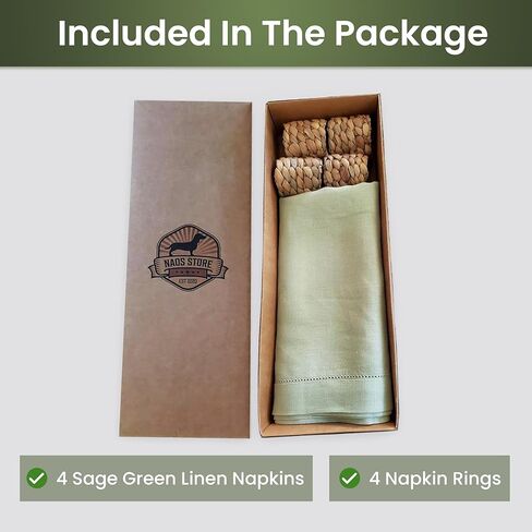 Set of 4 Sage Green Linen Napkins and 4 Napkin Rings, 100% Linen Material, Sage Napkins 20 x 20 Inch, Water Hyacinth Napkin Holders 1.9 x 1.9 Inch, Natural Napkin Rings. in Saudi Arabia