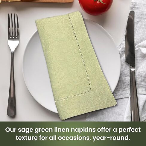 Set of 4 Sage Green Linen Napkins and 4 Napkin Rings, 100% Linen Material, Sage Napkins 20 x 20 Inch, Water Hyacinth Napkin Holders 1.9 x 1.9 Inch, Natural Napkin Rings. in Saudi Arabia