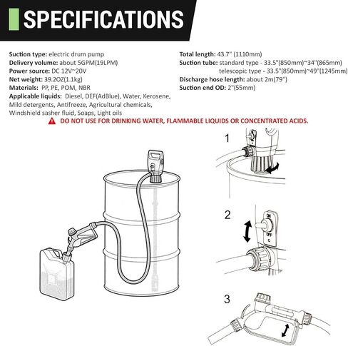7 GPM Electric Drum Pump for 55 Gallon Drums up to 275 Gallon IBC Totes | Works with DEF, Diesel, Water (Not for drinking water), Kerosene etc in Kuwait