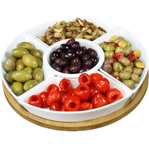 Elama Ceramic Stoneware Condiment Appetizer Set, 2 Piece, 3 Section Porcelain and Metal