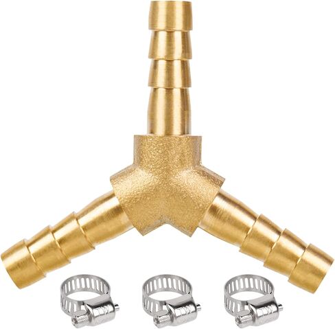 JUWO 1/4" Hose Barb, 3 Way Y Shaped Barbed Splitter Brass Fitting for Fuel, Air, Oil, 3 Clamps Included (1-Pack) in Saudi Arabia