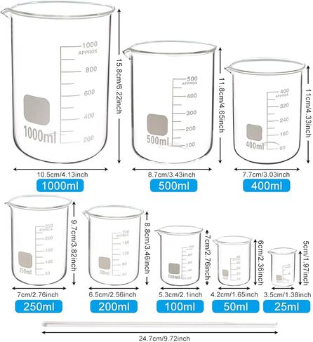 مجموعة من 8 قطع من الزجاج المتدرج من سوبرلي 25/50/100/200/250/400/500/1000 مل، زجاج البوروسيليكات متعدد السعة، رمادي منخفض الشكل من النوع الجداري السميك قياس أكواب مع 4 قضبان تحريك in Kuwait