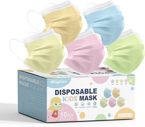 أقنعة الوجه الملونة للأطفال من MAGICARE - أقنعة وجه لطيفة للاستعمال مرة واحدة للأطفال - أقنعة أطفال 3 طبقات يمكن التخلص منها - ألوان زاهية - قناع وجه للأطفال يمكن التخلص منه - 50 قطعة (قناع أطفال متعدد الألوان) in Kuwait