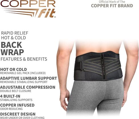 Copper Fit Unisex Adult Rapid Relief Back Support Brace with Hot/Cold Therapy, Black, Adjustable in Saudi Arabia