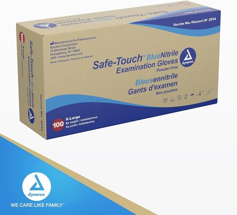 Dynarex Safe-Touch Disposable Nitrile Exam Gloves, Powder-Free, Latex-Free, Touchscreen Friendly & Used by Professionals, Blue, Extra-Large, 1 Box of 100 Gloves in Saudi Arabia