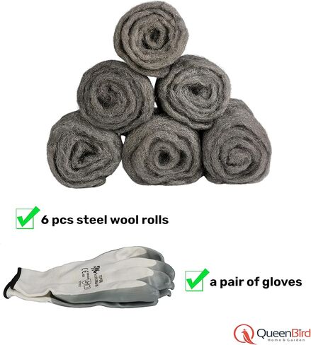 QueenBird Steel Wool - 6 Rolls (3ft/Each) - Fill Fabric DIY Kit, Gap/Hole Blocker - Steel Wool Pad - Cleaning, Polishing, Buffing, Refinishing, with A Pair of Gloves in Saudi Arabia