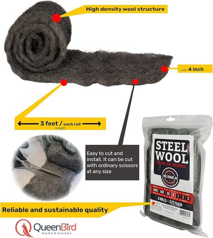 QueenBird Steel Wool - 6 Rolls (3ft/Each) - Fill Fabric DIY Kit, Gap/Hole Blocker - Steel Wool Pad - Cleaning, Polishing, Buffing, Refinishing, with A Pair of Gloves in Saudi Arabia