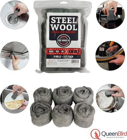 QueenBird Steel Wool - 6 Rolls (3ft/Each) - Fill Fabric DIY Kit, Gap/Hole Blocker - Steel Wool Pad - Cleaning, Polishing, Buffing, Refinishing, with A Pair of Gloves in Saudi Arabia