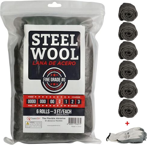 QueenBird Steel Wool - 6 Rolls (3ft/Each) - Fill Fabric DIY Kit, Gap/Hole Blocker - Steel Wool Pad - Cleaning, Polishing, Buffing, Refinishing, with A Pair of Gloves in Saudi Arabia