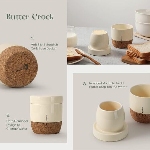 داوين وعاء زبدة مع غطاء لسطح المنضدة، حافظة زبدة مع قاعدة من الفلين وخط مياه، طبق زبدة فرنسية مع غطاء لديكور المطبخ المنزلي، هدية من السيراميك، بيج in Kuwait