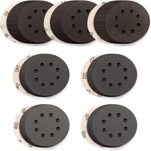 5 Inch 8 Holes Sanding Discs 40Pcs,Wet Dry Silicon Carbide Hook and Loop Orbital Sandpaper 320/400/600/800/1000/1500/2000/3000 Grit with 2 PCS Interface Pads for Auto, Wood, Metal,Stretches Removing in Kuwait