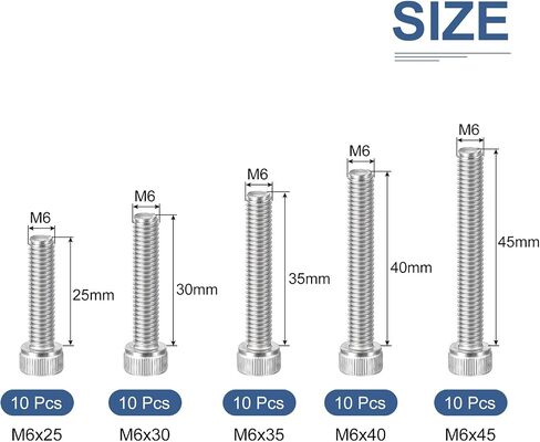 DTGN 50Pcs M6 Metric Screw Assortment, M6 Bolts Socket Head Screws, 304 Stainless Steel M6x25/30/35/40/45mm Hex Socket Head Cap Screws Bolt Set for 3D Printing DIY in Saudi Arabia