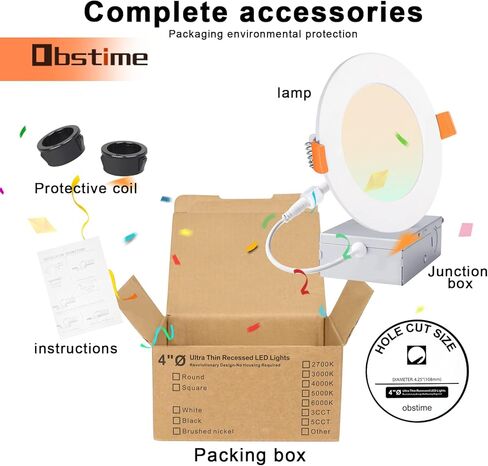obstime 6 عبوات 14 وات 4 بوصة مصابيح LED رفيعة للغاية نحيفة مع صندوق توصيل، 2700 ك/3000 ك/4000 ك/5000 ك/6000 ك قابلة للتحديد، سطوع عالي Eqv 150 وات، إضاءة LED قابلة للتعتيم بدون ضوء - تصنيف IC & ETL in Kuwait