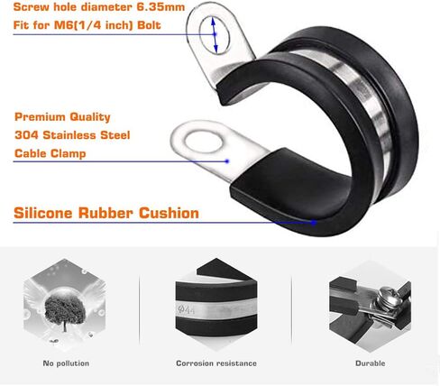 HOLYBEAR 20 قطعة 3/8 بوصة مشبك كابل من الفولاذ المقاوم للصدأ، مشبك معزول مبطن بمطاط السيليكون، مشبك أنبوب، مشبك معدني، حامل كابل، طوق أنبوب in Kuwait