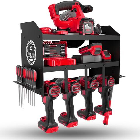منظم أدوات الطاقة للجراج من Tuff Pro Tools - حامل تخزين قابل للتعديل وشديد التحمل ومقاوم للصدأ للأدوات اللاسلكية - منظم أدوات الحائط والتخزين مع حامل منشار دائري متضمن in Kuwait