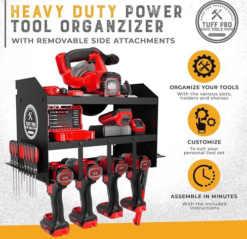 منظم أدوات الطاقة للجراج من Tuff Pro Tools - حامل تخزين قابل للتعديل وشديد التحمل ومقاوم للصدأ للأدوات اللاسلكية - منظم أدوات الحائط والتخزين مع حامل منشار دائري متضمن in Kuwait