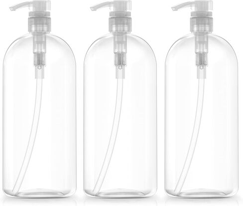 Bar5F Empty Shampoo Bottles with Pumps, 32Oz/1Liter/Large, BPA-Free, Lightweight (Medium Density PETE1 Plastic), Pack of 3, Clear Bottles, (32OZOBOTTLECP.3) in Kuwait