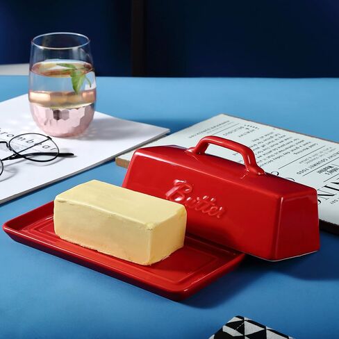 حافظة زبدة بورسلين من برونتمور مع غطاء مقبض، حاوية حامل زبدة سيراميك طبق زبدة فرنسية للمنضدة، طبق زبدة مع غطاء، أزرق مخضر in Kuwait