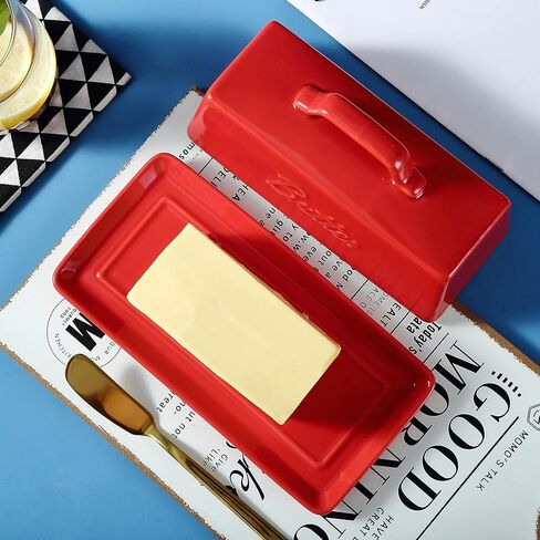 حافظة زبدة بورسلين من برونتمور مع غطاء مقبض، حاوية حامل زبدة سيراميك طبق زبدة فرنسية للمنضدة، طبق زبدة مع غطاء، أزرق مخضر in Kuwait