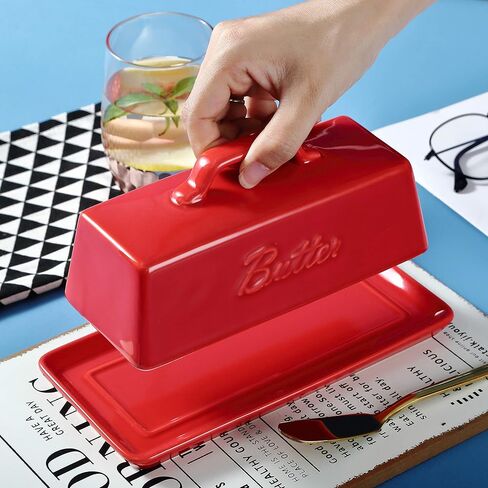 حافظة زبدة بورسلين من برونتمور مع غطاء مقبض، حاوية حامل زبدة سيراميك طبق زبدة فرنسية للمنضدة، طبق زبدة مع غطاء، أزرق مخضر in Kuwait