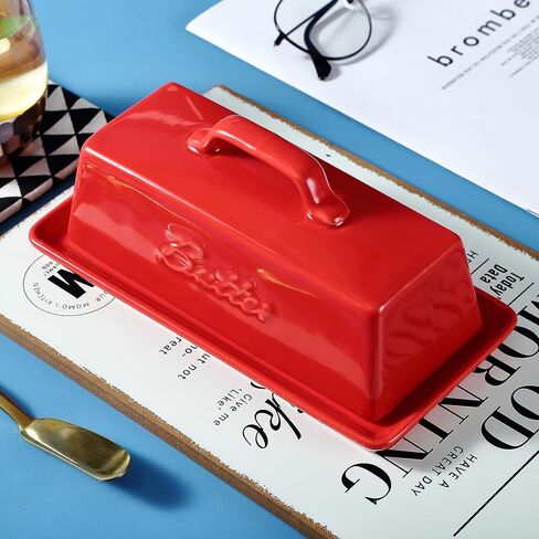 حافظة زبدة بورسلين من برونتمور مع غطاء مقبض، حاوية حامل زبدة سيراميك طبق زبدة فرنسية للمنضدة، طبق زبدة مع غطاء، أزرق مخضر in Kuwait