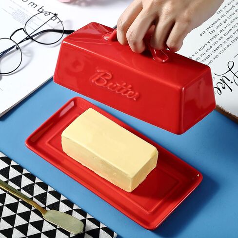 حافظة زبدة بورسلين من برونتمور مع غطاء مقبض، حاوية حامل زبدة سيراميك طبق زبدة فرنسية للمنضدة، طبق زبدة مع غطاء، أزرق مخضر in Kuwait