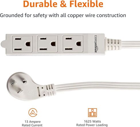 Amazon Basics شريط طاقة لسلك تمديد مستطيل داخلي بطول 3 أقدام و3 شقوق، قابس مسطح، مؤرض 13 أمبير، 1625 واط، 125 فولت تيار متردد، عبوتان، أبيض in Kuwait