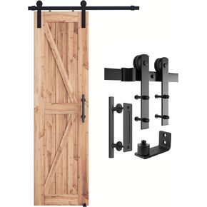 SMARTSTANDARD 4 FT Heavy Duty Sturdy Sliding Barn Door Hardware Kit, Black, (Whole Set includes 1x Pull Handle Set & 1x Floor Guide) Fit 24" Wide Door Panel (I Shape Hanger)