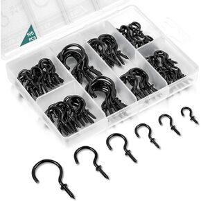 Cup Hooks, Black, Screw-in Hooks Kit for Hanging(1/2", 5/8", 3/4", 7/8", 1'', 1-1/4") - 105 Pcs