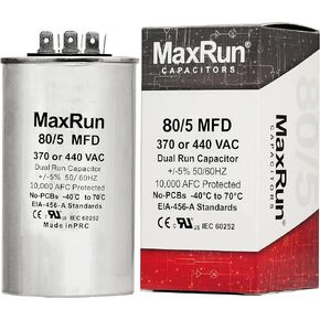 MAXRUN 80+5 MFD uf 370 أو 440 فولت VAC محرك مستدير مزدوج التشغيل لمكثف مكيف الهواء المتردد - 80/5 فائق التوهج MFD 440V مضخة تبريد أو حرارة مستقيمة - سيتم تشغيل محرك التيار المتردد والمروحة - ضمان لمدة 5 سنوات in Kuwait