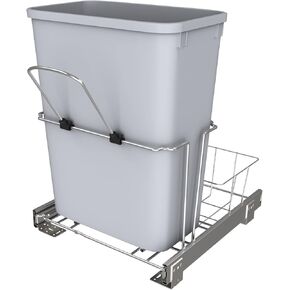 Rev-A-Shelf 32 Qt Pull Out Kitchen Cabinet Metal Wire Sliding Universal Trash Can w/Rear Basket for Waste Disposal & Organization RUKD-1432RB-1