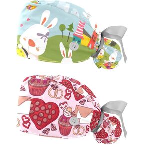 Adjustable Scrub Bouffant Caps 2 Packs Dog Bone Paw Working Hat Hair Cover with Ponytail Pouch Soft Surgical Nurse Cap