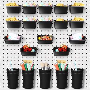 20 Pack Pegboard Cups/Bins Set, Pegboard Wall Organizer with Hooks and Loops, Peg Hooks Assortment Organizer Accessory for Garage Craft Workshop Office Storage (Clear)