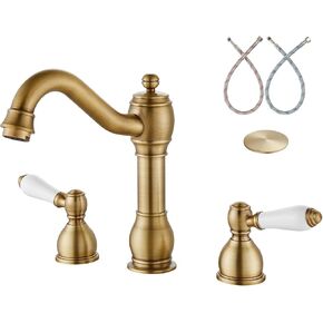 Aolemi Antique Brass 8 Inch Widespread Bathroom Sink Faucet Double Ceramic Handle 3 Hole Deck Mount Vanity Basin Mixer Tap with Pop Up Drain Assembly