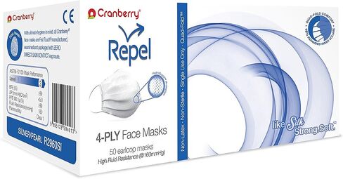 Cranberry USA R2960SI Repel 4-Ply Ear Loop Face Mask, Silver/Pearl (Pack of 50) in Saudi Arabia