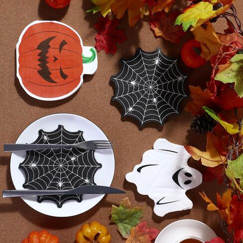 Honoson 120 Pcs Halloween Party Napkins 13 x 13 Inch White Ghost Paper Napkins 3 Ply Halloween Pumpkin Guest Towels Disposable Spider Web Guest Napkins for Halloween Home Dinner Party Supplies Decor in Saudi Arabia