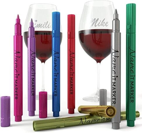 اسم إت ماركر، أقلام النبيذ المعدنية، حبر الصف الغذاء بألوان مرحة! إضفاء الطابع الشخصي على مشروباتك مثل سحر النبيذ ، مجموعة من 8 in Kuwait