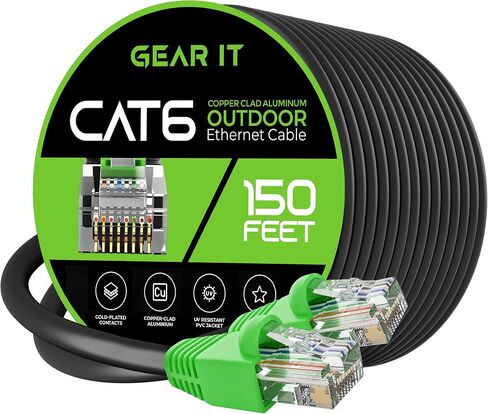 كابل إيثرنت خارجي GearIT Cat6 (100 قدم) CCA نحاسي، مقاوم للماء، دفن مباشر، في الأرض، سترة للأشعة فوق البنفسجية، POE، شبكة، إنترنت، كابل Cat 6، Cat6 - 100 قدم، كمبيوتر شخصي in Kuwait
