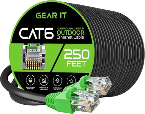 كابل إيثرنت خارجي GearIT Cat6 (100 قدم) CCA نحاسي، مقاوم للماء، دفن مباشر، في الأرض، سترة للأشعة فوق البنفسجية، POE، شبكة، إنترنت، كابل Cat 6، Cat6 - 100 قدم، كمبيوتر شخصي in Kuwait
