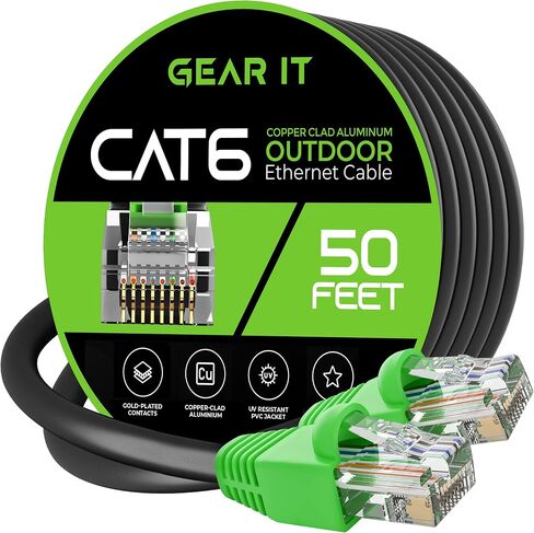 كابل إيثرنت خارجي GearIT Cat6 (100 قدم) CCA نحاسي، مقاوم للماء، دفن مباشر، في الأرض، سترة للأشعة فوق البنفسجية، POE، شبكة، إنترنت، كابل Cat 6، Cat6 - 100 قدم، كمبيوتر شخصي in Kuwait